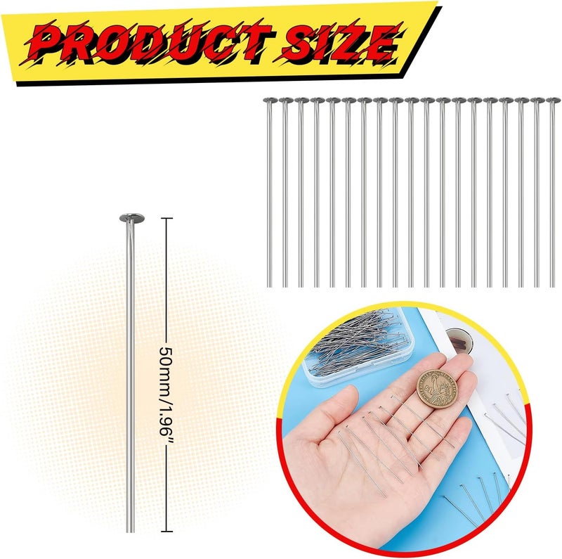 QIMAOO 500Pcs Flat Head Pins for Jewelry Making, Stainless Steel Jewelry Head Pins Length 1.97"/50MM Flat Headpins for DIY Craft Bead Earring Necklace - Image 2